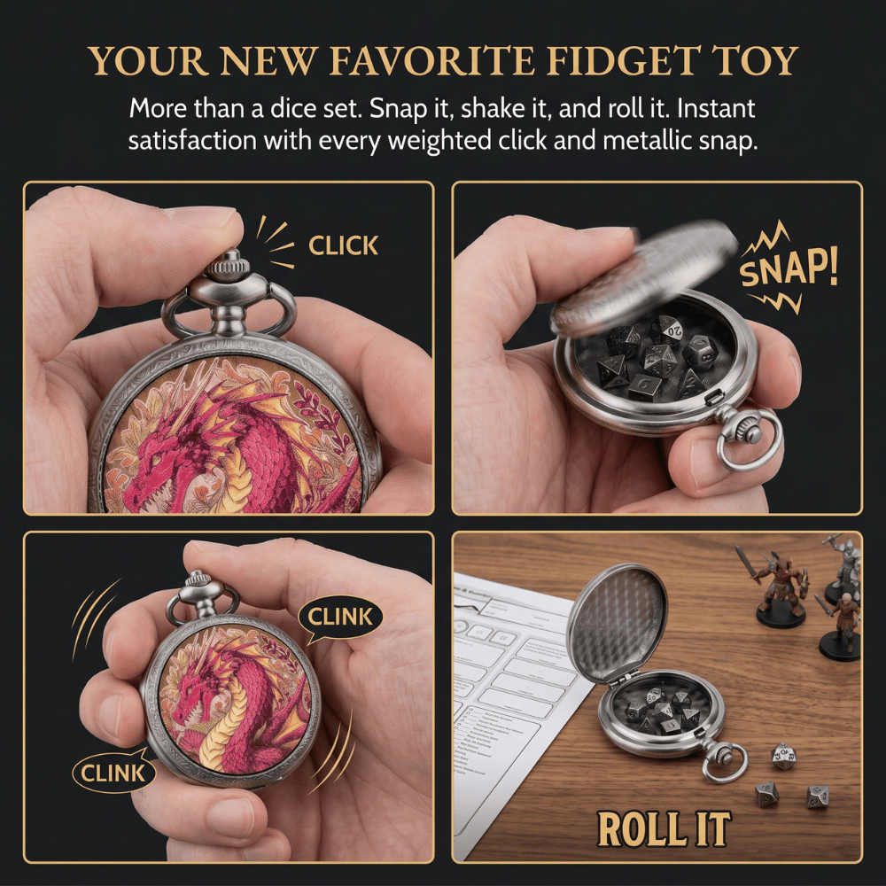 Ethereal Rose Dragon Floral Pocket Watch Dice Set