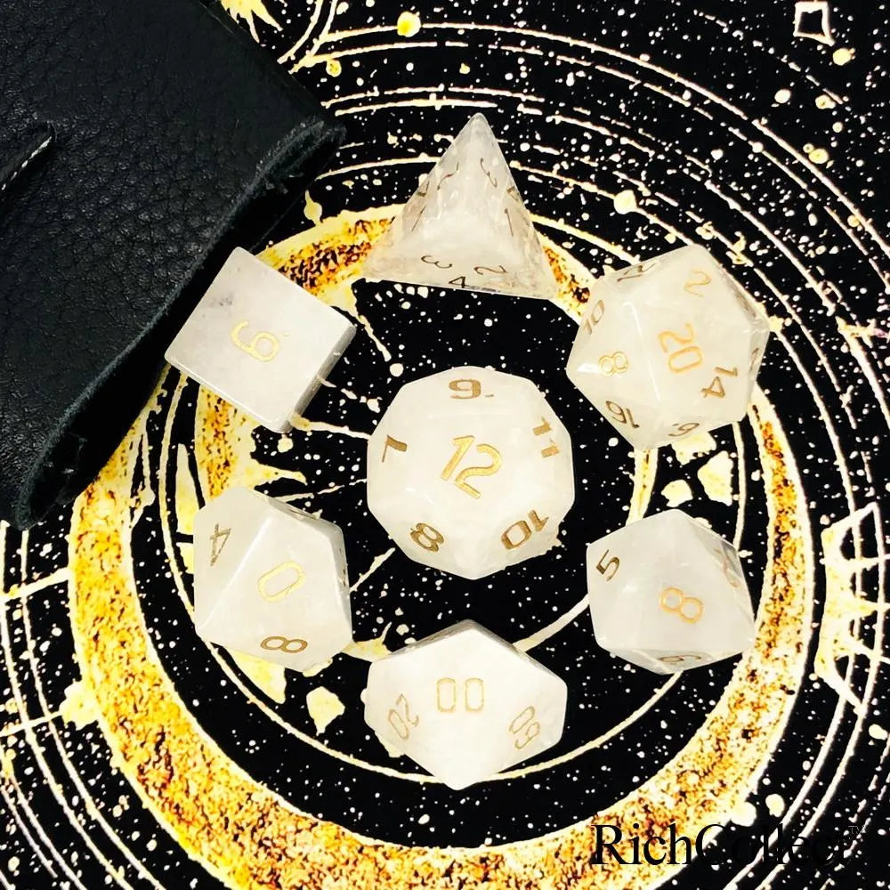 White 7 piece Fantasy Tabletop RPG Dice Set