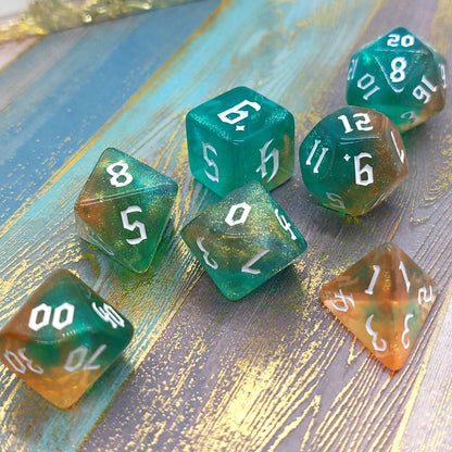 Geyser Bolt Fantasy Tabletop RPG Dice Set,Marbled blue and orange glitter