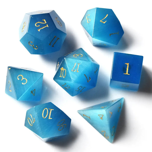 Sea Blue Cat's Eye Gem Dice Set