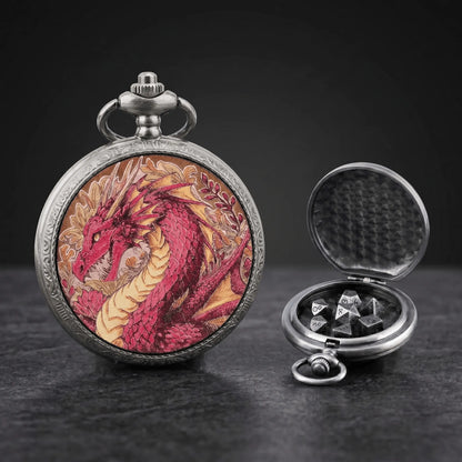 Ethereal Rose Dragon Floral Pocket Watch Dice Set