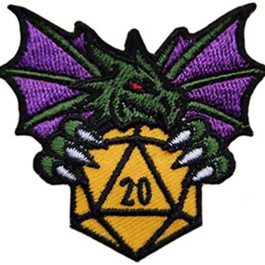Fantasy Tabletop RPG Dragon with 20 Sided Dice Iron on Patch