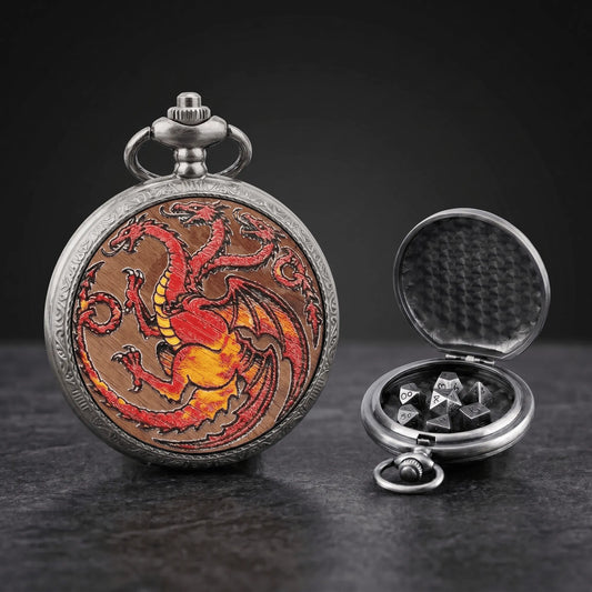 Three Headed Red Dragon Pocket Watch Dice Set