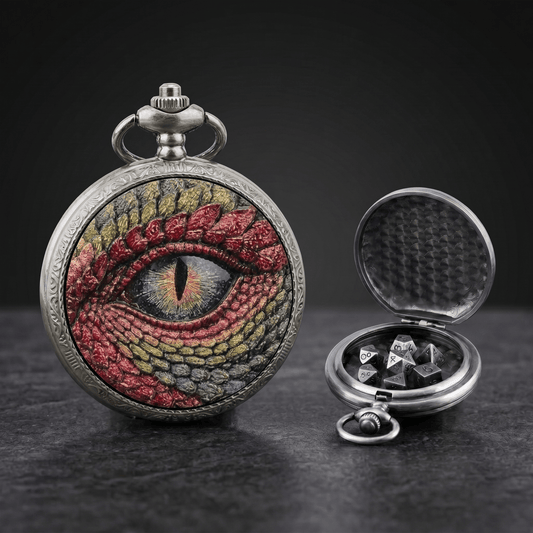 Ancient Crimson Dragon Eye Pocket Watch Dice Set