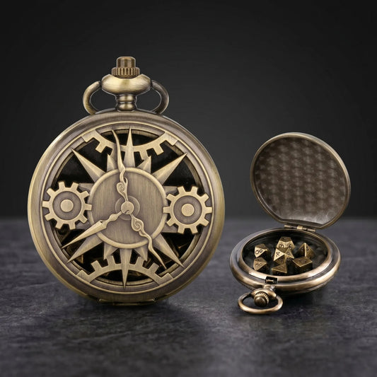 Steampunk Compass Gear Pocket Watch Dice Set