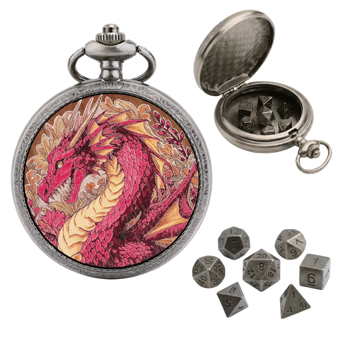 Ethereal Rose Dragon Floral Pocket Watch Dice Set