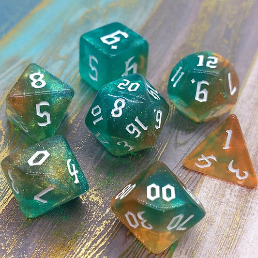 Geyser Bolt Fantasy Tabletop RPG Dice Set,Marbled blue and orange glitter