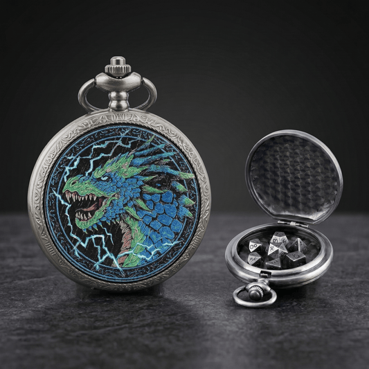 Stormborn Blue Dragon Lightning Pocket Watch Dice Set