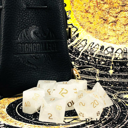 White 7 piece Fantasy Tabletop RPG Dice Set