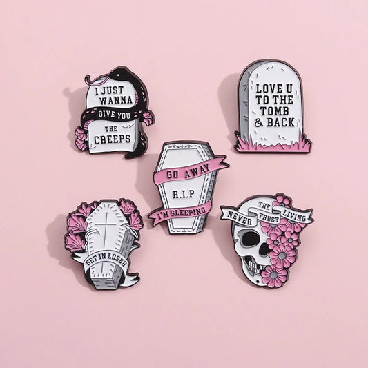 Pink skull gravestone halloween enamel pin