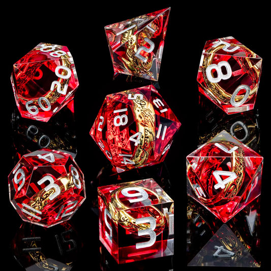 Magic Golden Ring Fantasy Tabletop RPG Dice Set Sharp Edge Red Resin Dice